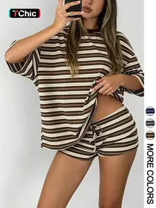 Women's Striped Crop Top & Elastic Waist Shorts Set, Casual Loose-Fit Design, Perfect for Daily Wear, Comfortable Home