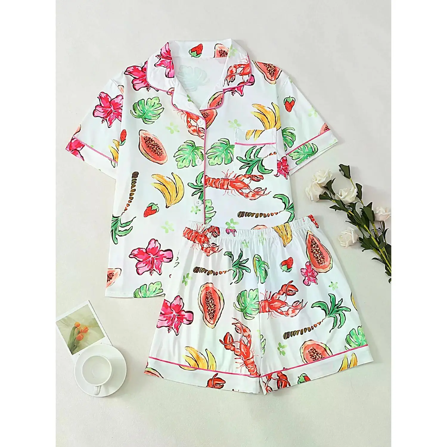 Fruit Print Women's Pajama Set with Short Sleeve Top & Breathable Shorts - Cozy Sleepwear for Daily Comfort