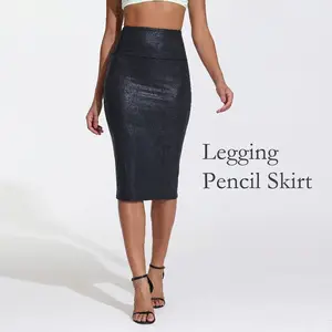 THE GYM PEOPLE Women's High Waist Legging Pencil Skirts Tummy Control Stretchy Bodycon Faux Leather Coated Midi Skirt Below Knee with Back Slit