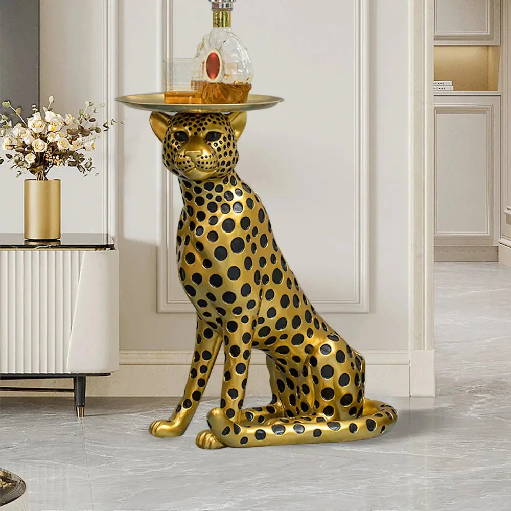 Luxury Gold Panther Resin End Table – Leopard Accent Side Table with Tray Top for Drinks Luxury Gold Panther Resin End Table – Leopard Accent Side Table with Tray Top for Drinks