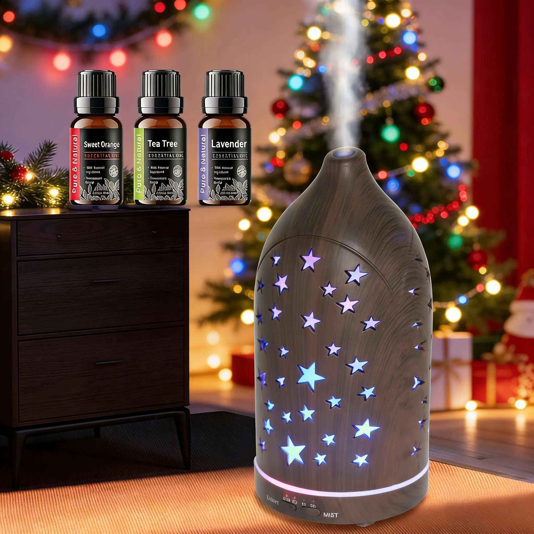 Star Hollow Essential Oil Diffuser Hollow Ultrasonic Aromatherapy Diffuser 7 Color LED Lights, Quiet & Auto Shut Off