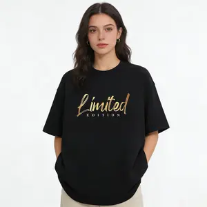 Unisex "Limited Edition" Gold Foil Print Oversized T-Shirt, Minimalist Metallic Text Casual Tee (Black & White)