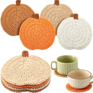 4 Pcs Fall Coasters Crochet Thanksgiving Pumpkin Coaster 4.72 Inch Orange Home Decor Handmade Woven Pumpkin Drink Cup Pad Mats for Autumn Harvest Thanksgiving Kitchen Table Party Decor Gifts