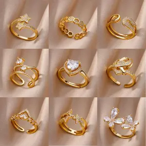 Y2k Zircon Double Star Rings For Women Gold Color Stainless Steel Adjustable Open Rings Classic Aesthetics Daily wear Jewelry