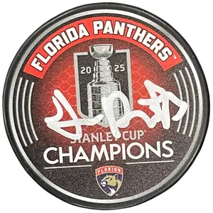 Sam Reinhart Autographed Florida Panthers (2025 Stanley Cup Champs Logo) Hockey Puck - JSA