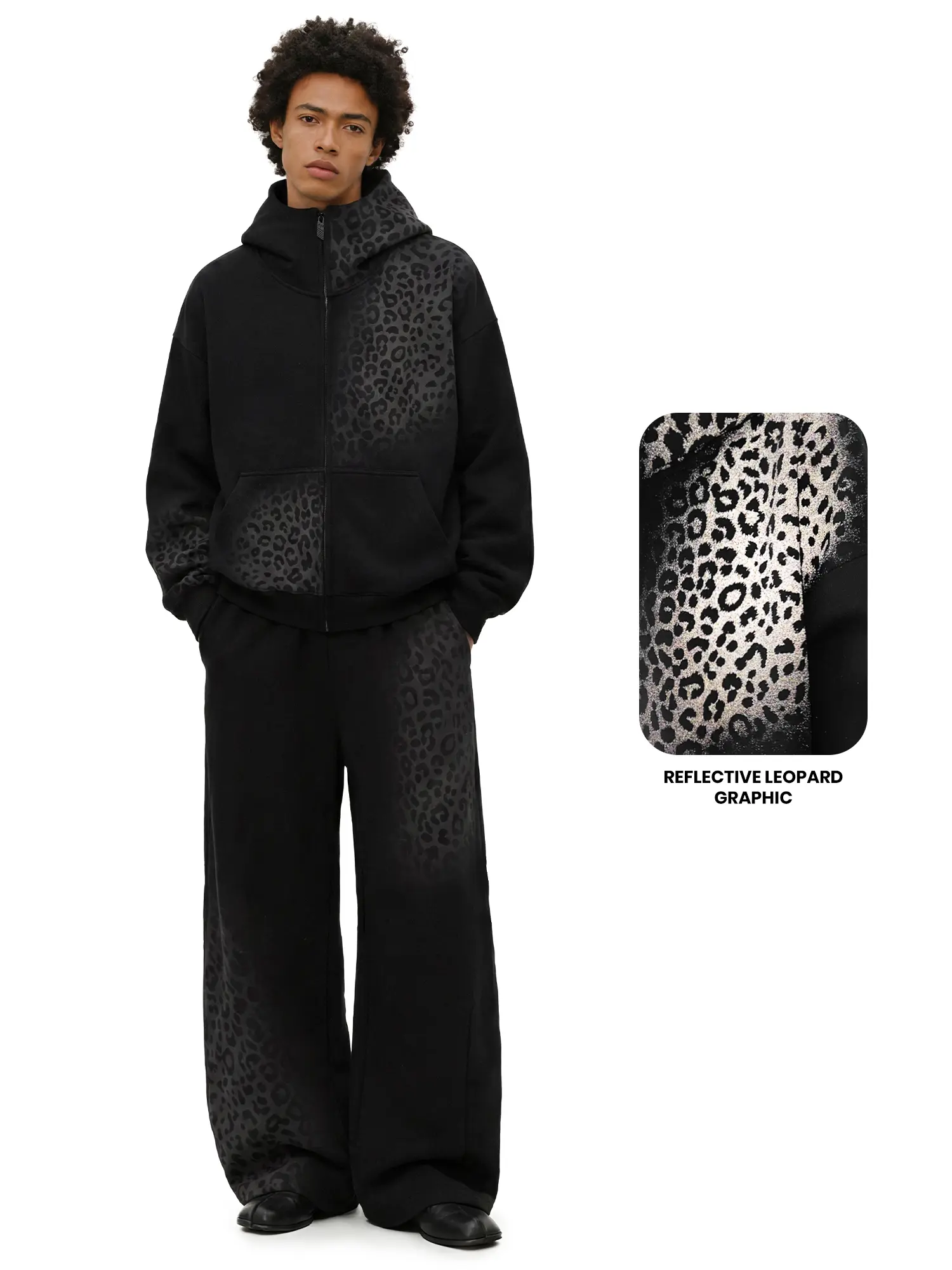 FDR Reflective Leopard Print Stand Collar Zip Up Jacket Barrel Leg Sweatpants Set Women Y2K Streetwear Baggy Wide Leg Tracksuit