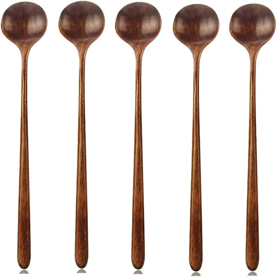 Long Spoons Wooden, 5 count Korean Style 10.9 inches    Long Handle Round Spoons for Soup Mixing Stirrer Kitchen Tools Utensils, FDA Approved(Korean Style Soup Spoon)