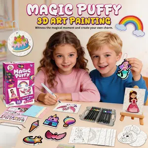64Pcs 3D Magic Foam Texture Painting Kit, Including 32Pcs Foam Texture Paper, 12Colors Brush Tip Acrylic Paint Markers,5storage bags,There are multiple themes including princesses, animals and desserts, It is an ideal gift for Children's Day and Christmas