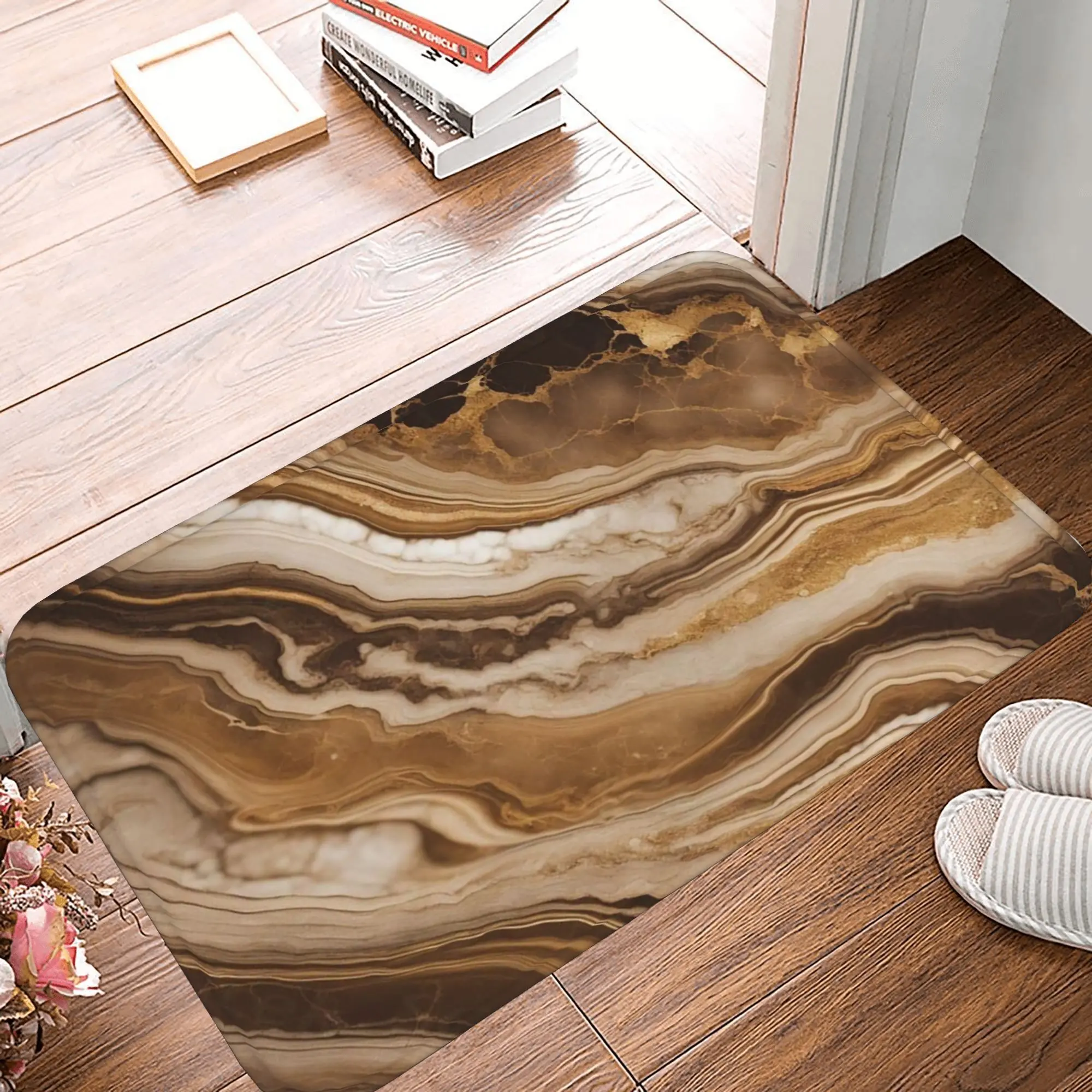 Flannel Non Slip Doormat, Luxury Gold & Brown Marble Design, Highly Absorbent & Quick Dry, Perfect for Modern Home Entryways