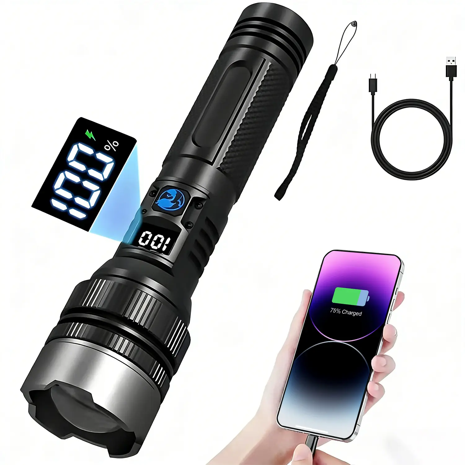 【Upgraded version】2200Lumens 2-in-1 Strong Flashlight (Power Bank), Digital display ofpower, Rechargeable, Zoomable,IPX6 Waterproof,Adjustable Brightness Flash Light for Outdoor, Emergency,Camping Accessories, Black BackToSchool outdoorfun