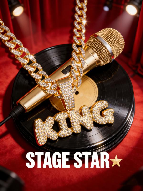 Hiphop Full Diamond King Letter Cuban Chain, Fully Encrusted Detail, Shiny, Unisex Street Style Jewelry, Cuban Link Chain