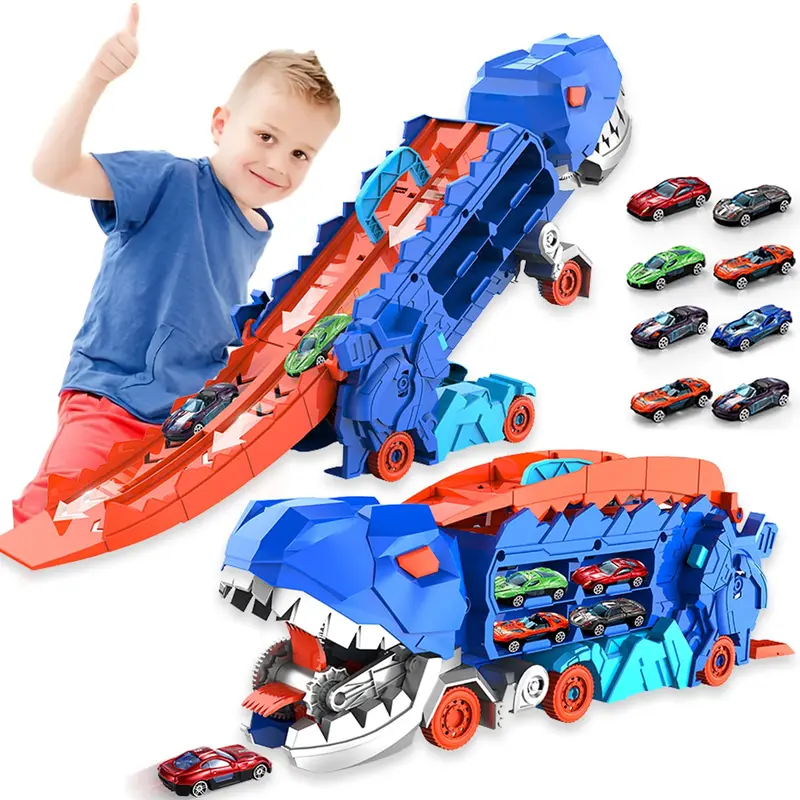 City Dinosaur Ultimate Hauler Track Toy, Transforms into Stomping Dinosaur with Race Track Ultimate Transporter Hauler Toddler Toys Gifts for Kids Ages 3 4 5 6 Years Old(4 Cars)