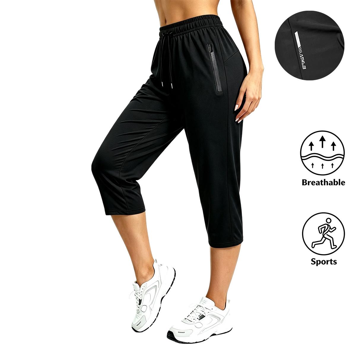 Four-pack women’s athletic capri pants made from breathable fabric for sports, featuring an elastic drawstring waistband that is comfortable and doesn’t constrict. Suitable for running, yoga, workouts, and everyday casual wear; machine washable and easy t