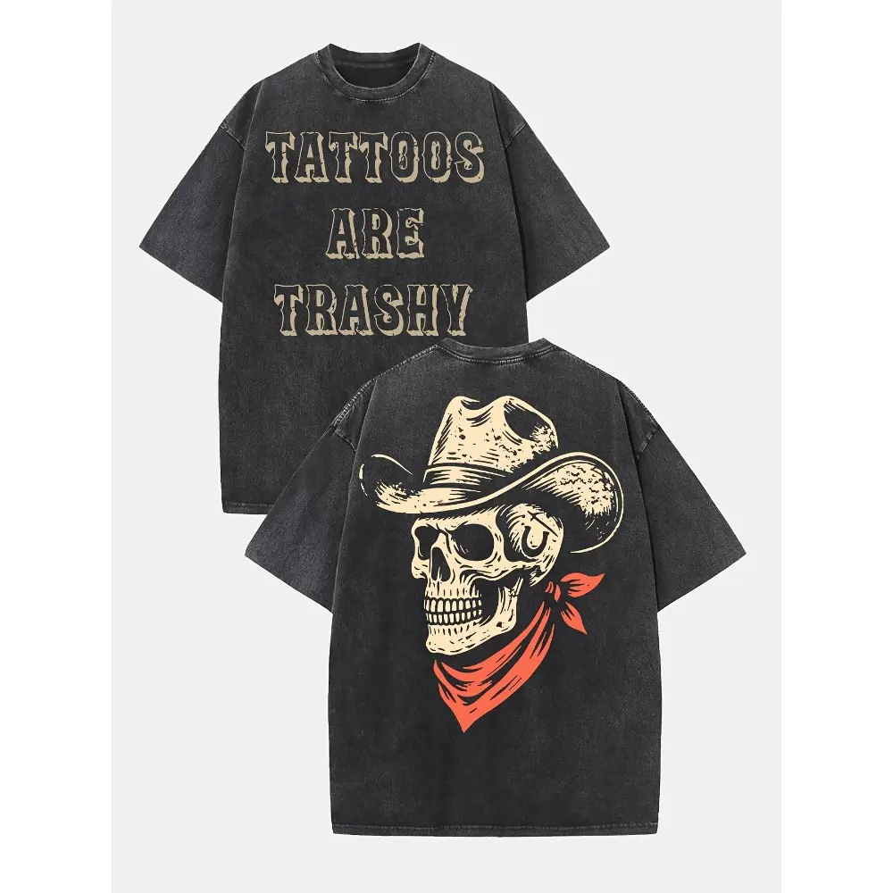 Tattoos Are Trashy Vintage Mineral Washed T-Shirt – Red Bandana Cowboy Skeleton Graphic Tee, Gothic Western Shirt, Gift for Tattoo Lovers