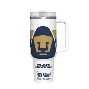 Navy Gold Lion Mascot Tumbler with Clean White Full Wrap Design and Team Emblem Graphic, Insulated Travel Mug with Anti-Slip Handle for Soccer Fans and Daily Commute