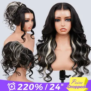 [Limited Deal] OQ HAIR Black Blonde Skunk Stripe Layered Body Wave Glueless Wig With Face-Framing Curtain Bangs Pre-Cut 13x6 Lace Adjustable Drawstring Wear Go Wig