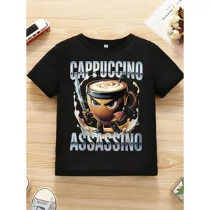 Stylish Graphic Tee Featuring Cappuccino Cup with Face and Sword |   Black T-Shirt with Metallic Lettering, Bold Design, Crew Neck, Regular Sleeve, All-season Wear for Coffee Lovers, Unique Gift Idea