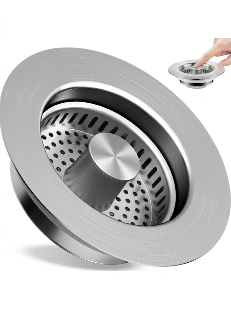3-in-1 Kitchen Sink Drain Strainer, Stainless Steel Sink Stopper with Pop-Up Anti-Clog Design, Deodorizing Filter Basket, Premium 304 Stainless Steel, Fits US Standard 3.5 Inch Sink Drains