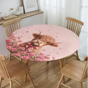 Roes Round Fitted Tablecloth Valentine with Elastic Edge, Waterproof Oil Proof Table Cover, Vinyl Flannel Backed Tablecloth 2 Size Fits 39"-63" Round Tables for Dinner, Outdoor, Picnic, Flowers