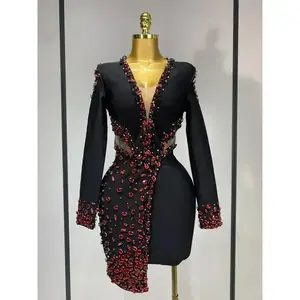 Luxury Birthday Women Celebrity Sexy Long Sleeve V Neck Rhinestone Black Bandage Dress 2025 Elegant Evening Club Party Dresses vibrant dayGift