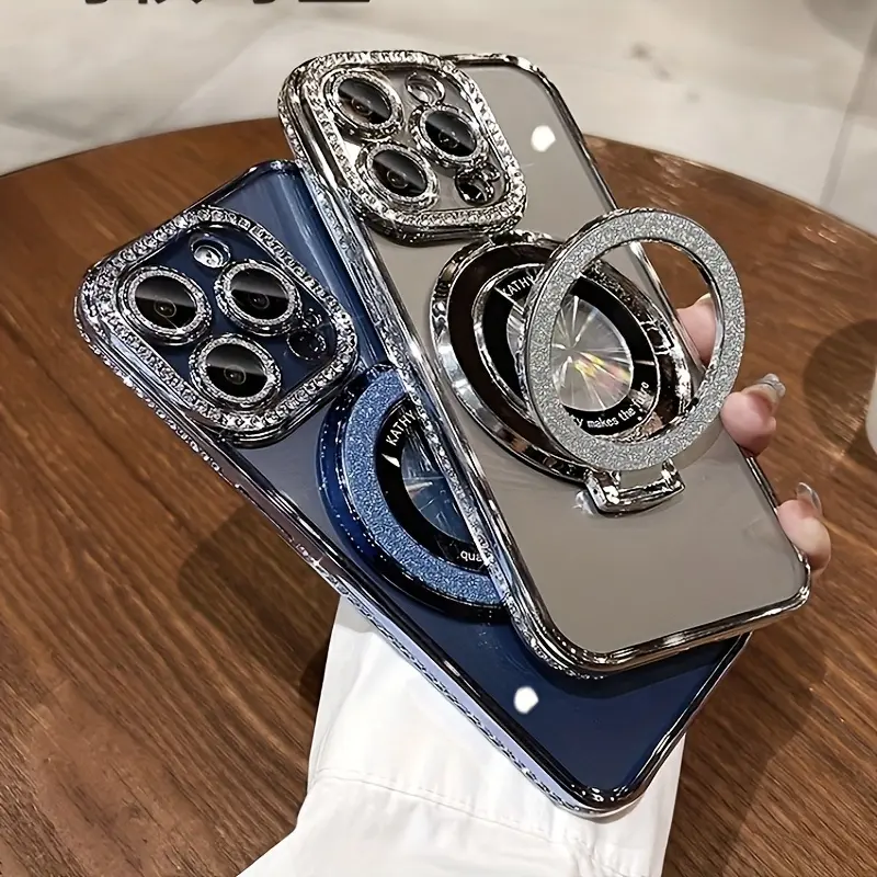 Luxury Rhinestone Glitter Magnetic Stand TPU Phone Case, Transparent Shockproof Bumper Casing for iPhone 16/15/14/13/12/11 ProMax Plus, Mobile Phone Accessories with Protection