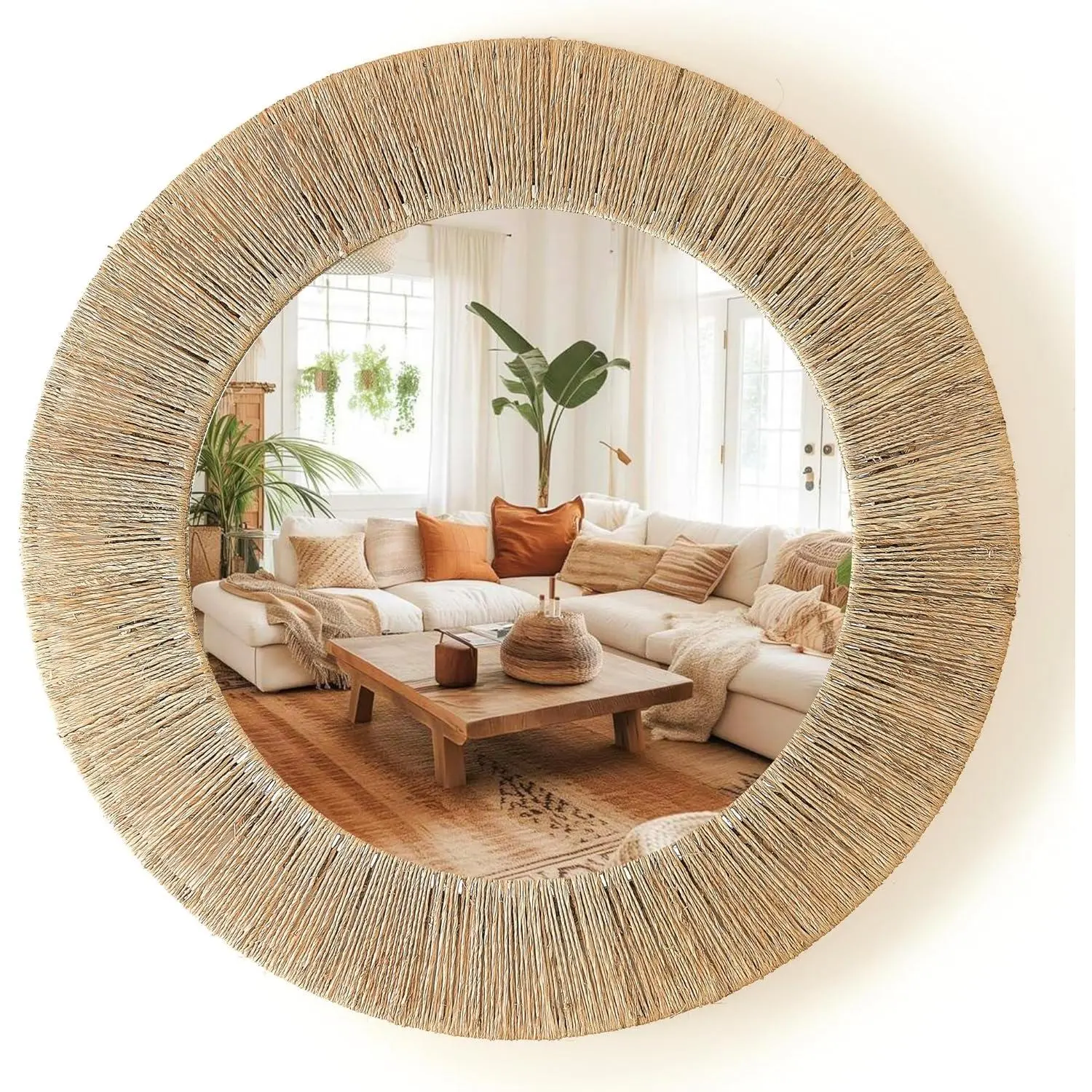 24-Inch Handwoven Jute Fiber Round Mirror with Metal Frame - Farmhouse Light Synthetic Wall-Hanging Decor, Bohemian Modern Rustic Piece for Bedroom, Bathroom