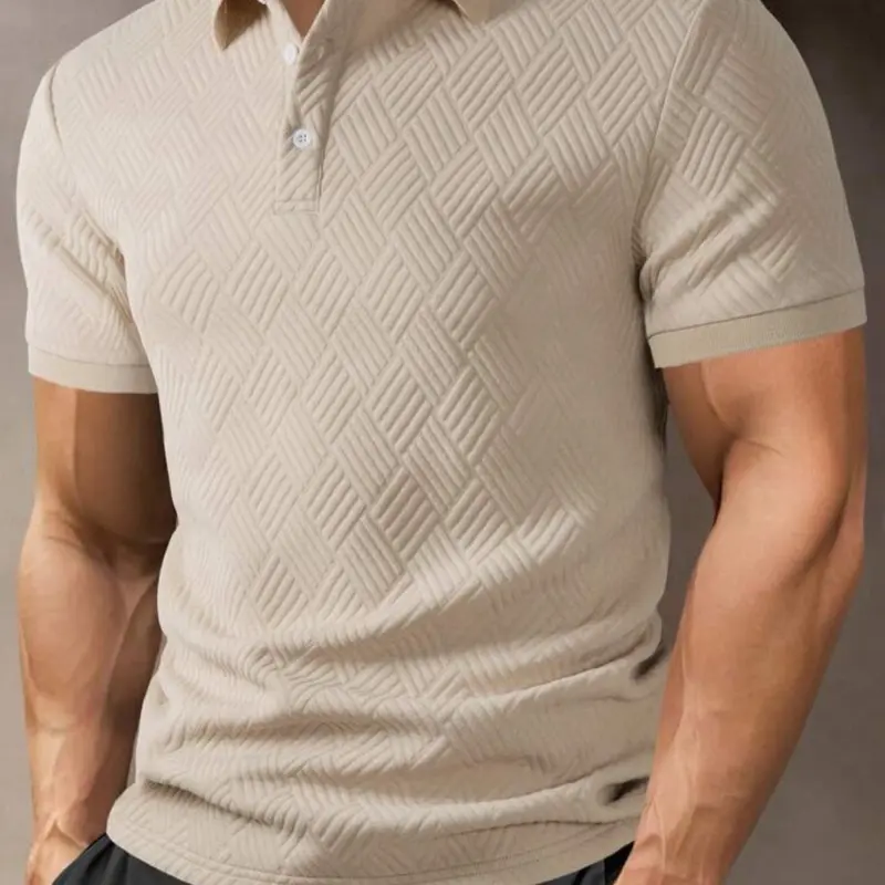 Manfinity CasualCool Men's Beige Textured Polo Shirt with Geometric Pattern and Short Sleeves