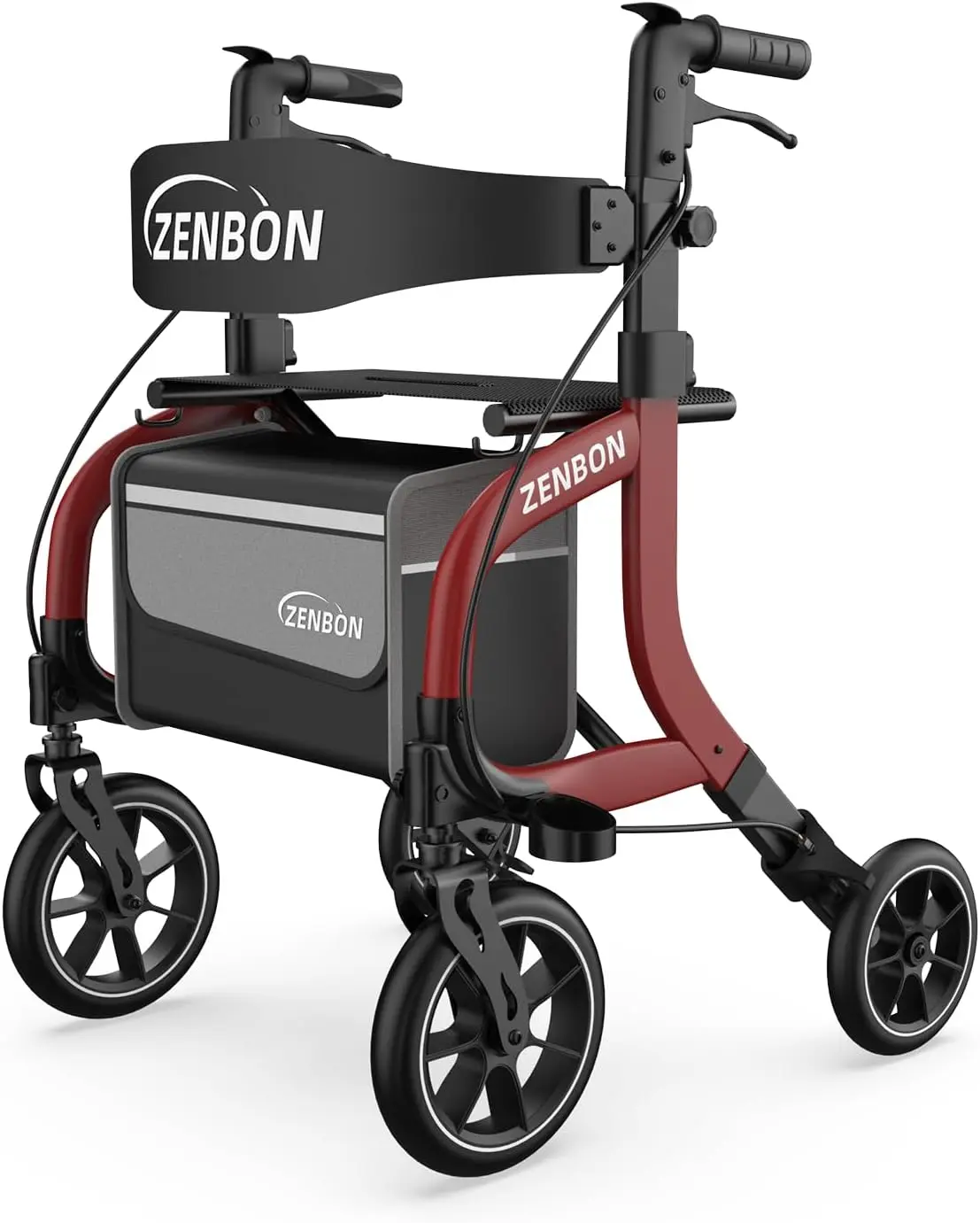 ZENBON Rollator Walker for Seniors/Adults, Foldable Functional Walking Aid with Seat, Hand Grips Adjustable Height Lightweight Durable Aluminum Walker Removable Back Support, 330 lbs Capacity 10 inch Wheels 7211
