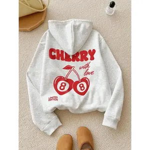 Women's Cherry & Letter Print Drop Shoulder Hoodie, Fashion Casual Drawstring Pocket Hooded Sweatshirt for Daily Holiday Outdoor Wear, Women Clothing for Fall & Winter