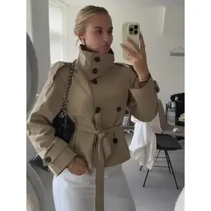 Fashion Stand Collar Belt Trench Coats For Women 2026 Autumn Long Sleeve Double Breasted Jacket Lady High Street Chic Outerwear