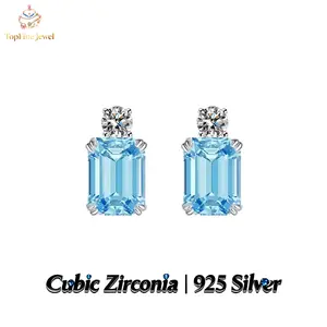 925 Sterling Silver Emerald-Cut Sea Blue Gem Stud Earrings—Elegant, Refined Women’s Jewelry Suitable for Everyday Wear, Weddings, and Gifting