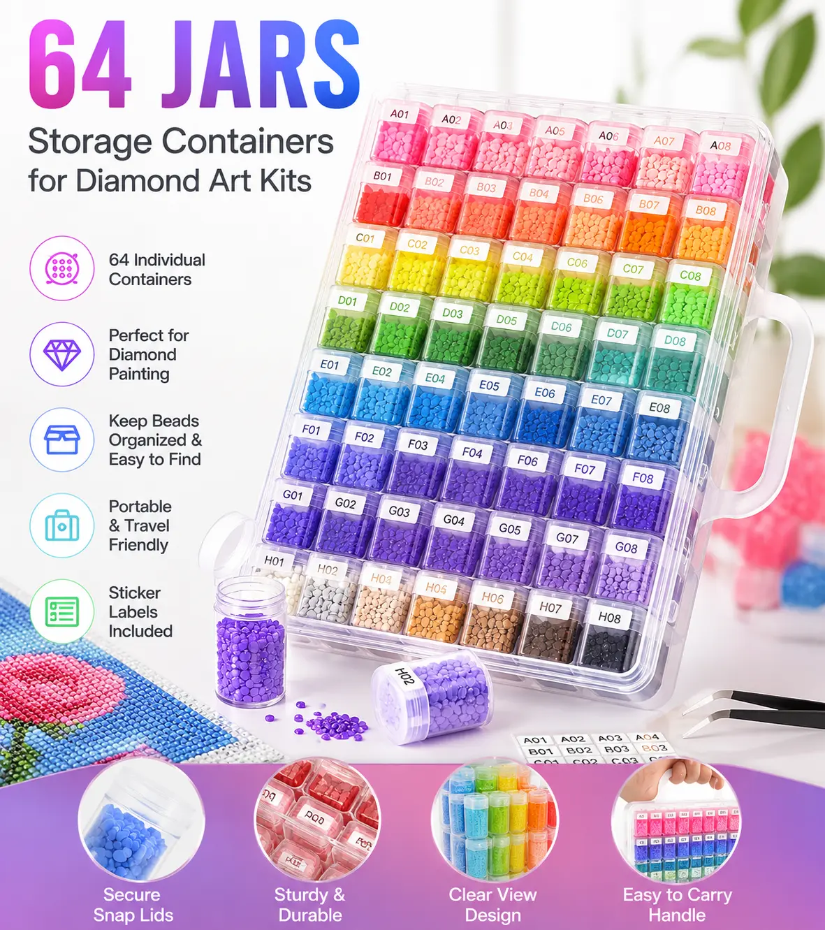 64 Jars Storage Containers for Diamond Art Kits for Adults, Portable Storage Organizer with Sticker Labels for Diamond Painting Accessories and Tools