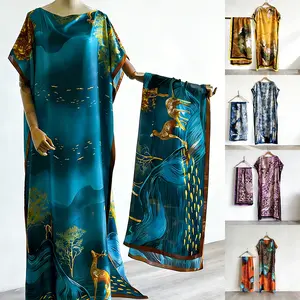 Elegant Floral Print Short Sleeve Long Skirt with Scarf Loose Fitting Robes Dress