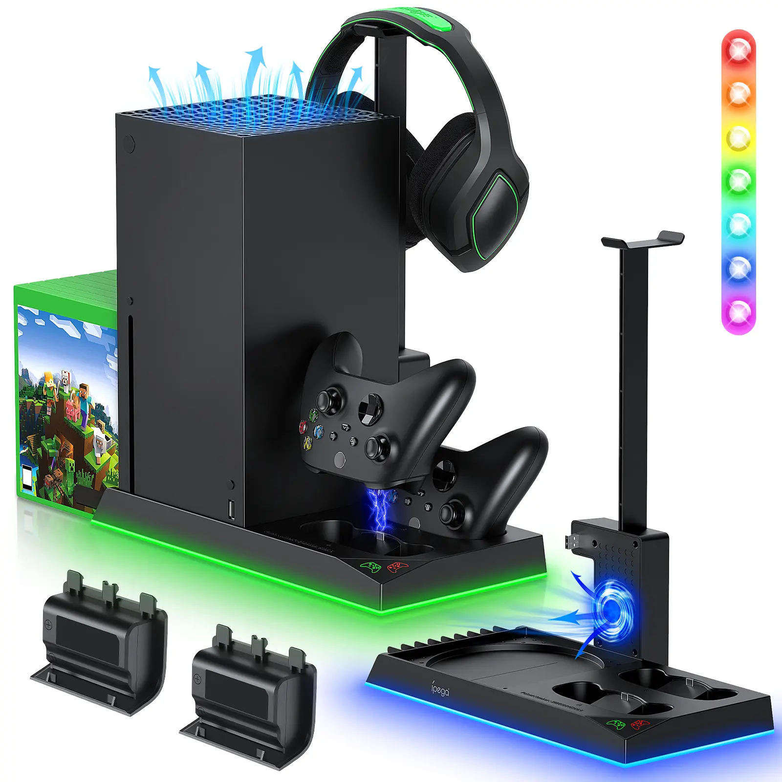 RGB Charging Stand with Cooling Fan for Xbox Series X Console & Controller - Dual Charger Cooler Accessory with 15 RGB Lights, 2x1400mAh Rechargeable Batteries, Headphone Stand, 10pcs Game Disc Storage Slots, USB Port, Anti-Slip Surface, Easy-Press Button