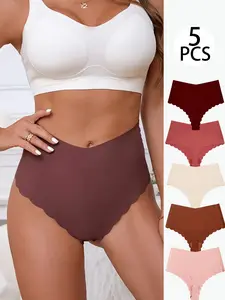 5-Pack Women's Seamless High-Waist Thongs, Invisible Lines, Wavy Edge Design, Soft Stretch Fabric, Elegant Fitted Style, All Seasons, Underwear, Chic