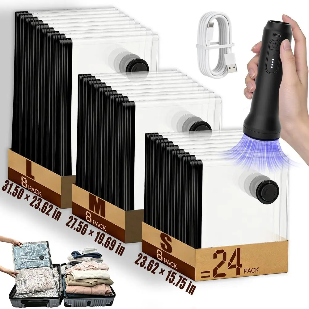 Vacuum Seal Bags for Travel, Lightweight Handheld Cordless USB Rechargeable Hand Pump Airtight Resealable Storage Pouches for Clothes Bedding Home Organization, Vacuum Bags For Travel