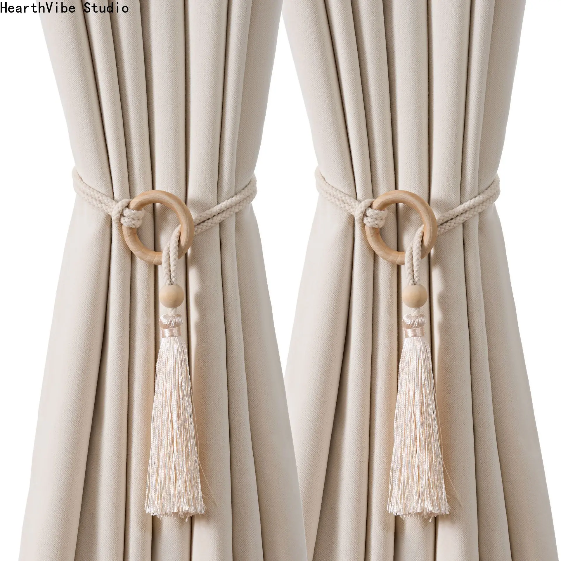 2pcs Bohemian Chic adjustable cotton cord curtain tie fringe - hand woven, log loop curtain buckle strap