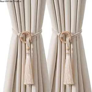 2pcs Bohemian Chic adjustable cotton cord curtain tie fringe - hand woven, log loop curtain buckle strap