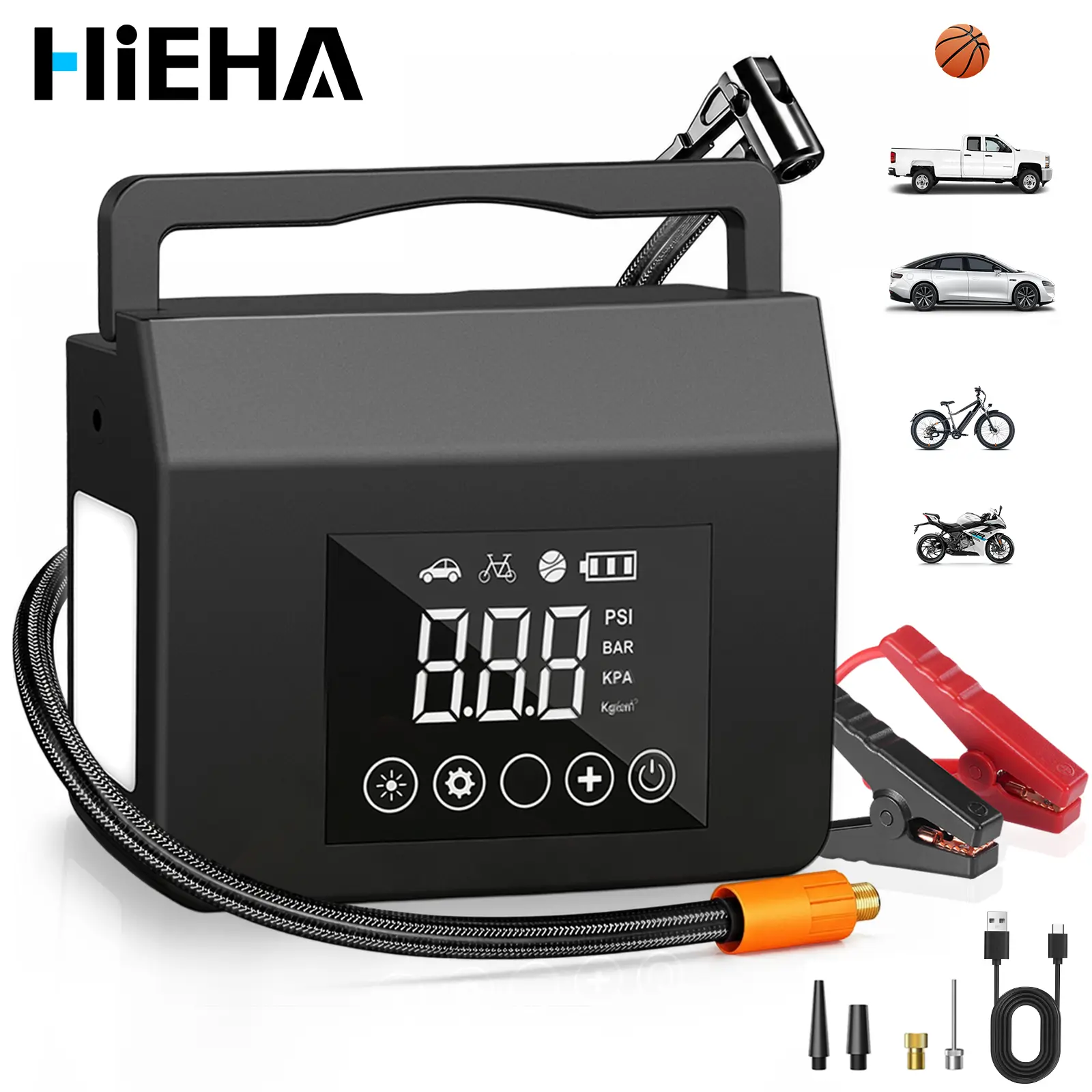 【HiEHA】2026 Portable Car Jump Starter, 4000A Car Battery Jump Starter with 150PSI Tire Inflator, 15000mAh Power Bank, with LED Light, 4-in-1 Multifunctional 12V Car Battery Jump Starter for Car Motorcycle Bike Balls Motorboat, fathersdaygift
