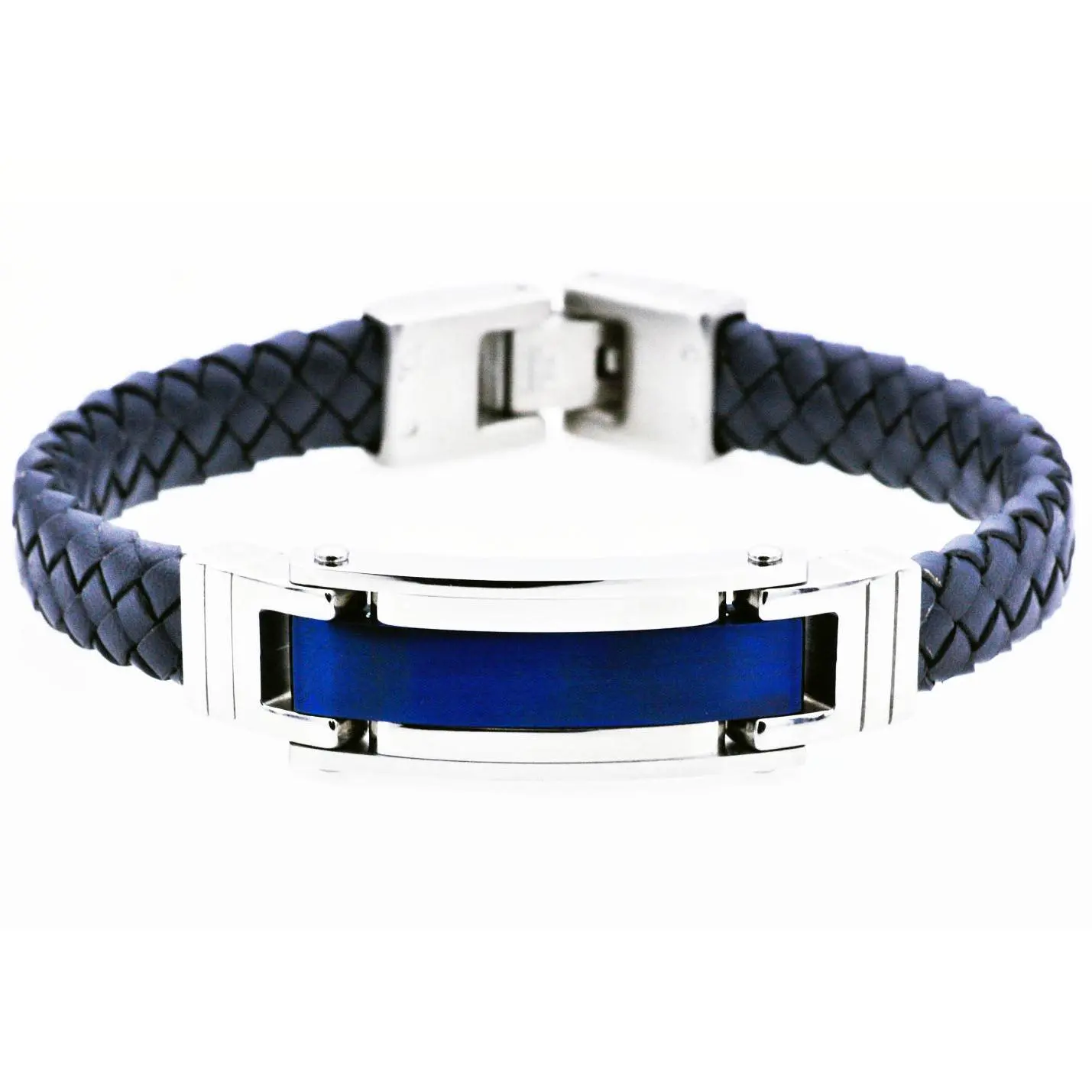 Mens Blue Stainless Steel Blue Leather Bracelet