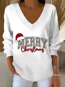 Women's Casual V Neck Long Sleeve Sweatshirt, Christmas Letter Print, French Elegant Style, Suitable for All Seasons
