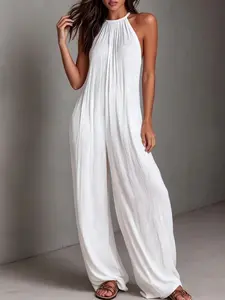 2026 New Fashion Halter Neck Sleeveless Solid Color Ruched Back Wide Leg Fitted Jumpsuit, High-End Vacation Style Casual Long Pants, Suitable for Work and Daily Outing