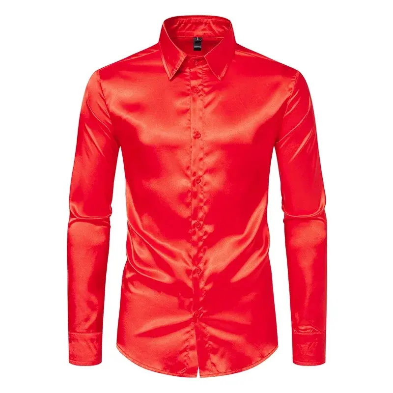 Mens Gold Silk Satin Shirt 70s Disco Dance Nightclub Dress Shirts Men Party  Wedding Long Sleeve Casual Shirt Chemise Homme 2XL - TikTok Shop