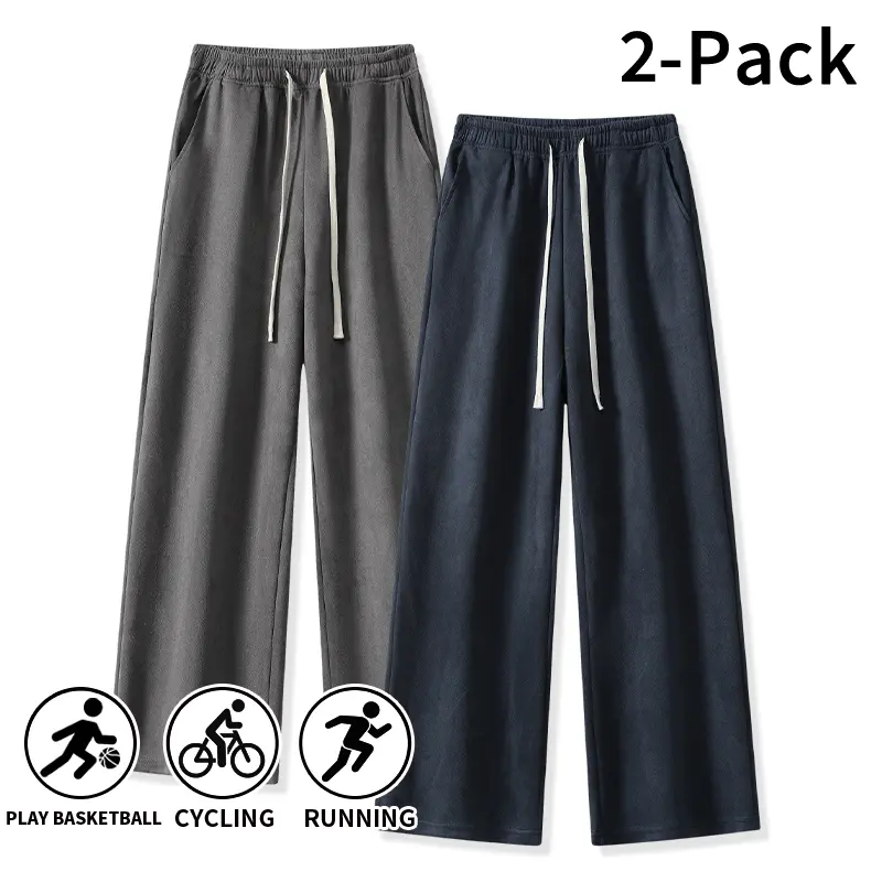 Men’s loose, wide-leg sweatpants available in packs of two or one, featuring an elastic drawstring waistband and a relaxed solid-color design; casual loungewear suitable for sports, jogging, and relaxing at home. Baggy