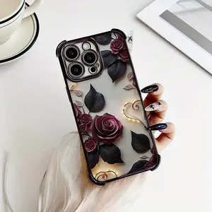 Purple Rose and Black Leaf Matching Heart-Shaped Light Strip Pattern Tempered Glass Phone Case, Suitable for iPhone 17 17 Air 16 16 Plus  15 15Pro max 14 14 PLUS  mini 13 13Pro  Mini 12 11 XS MAX Innovative Design, Minimalist Style, Fashionable and Cool
