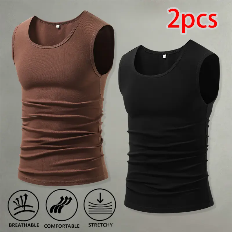 Men’s slim-fit ribbed stretch tank top set (2 pieces); breathable sleeveless base layer for fitness, sports, and home wear; versatile solid-color tops suitable for layering.