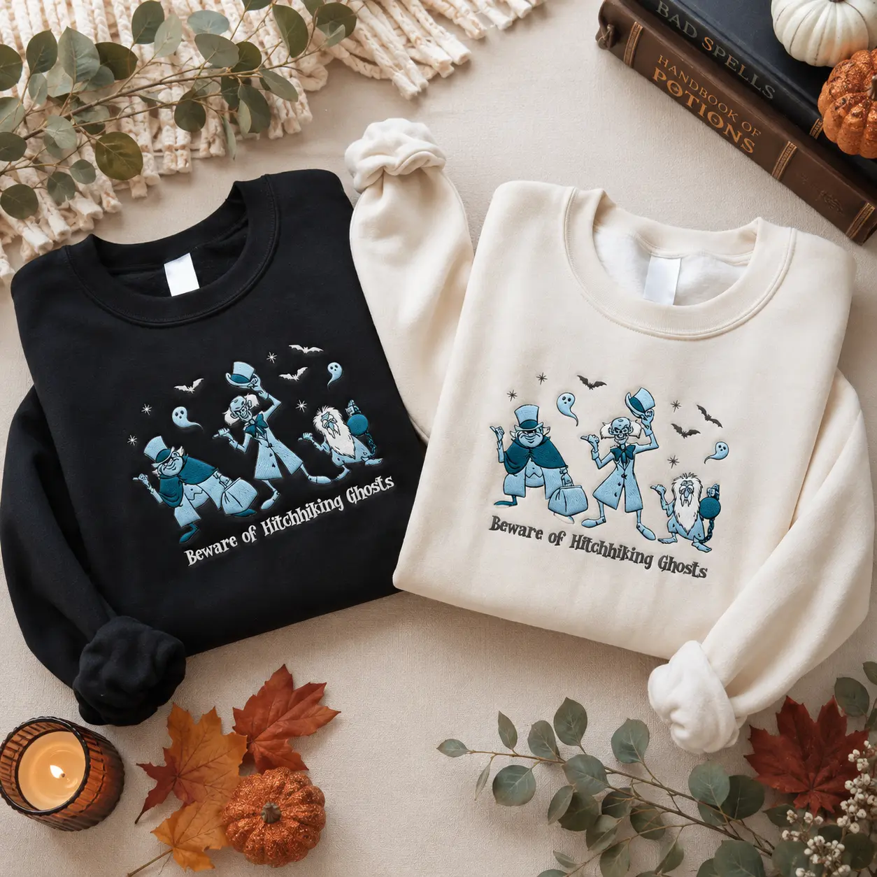 Beware Of Hitchhiking Ghosts Sweatshirt, Spooky Halloween Crewneck Pullover, Aesthetic Retro Fall Oversized Jumper, Cute Holiday Gift