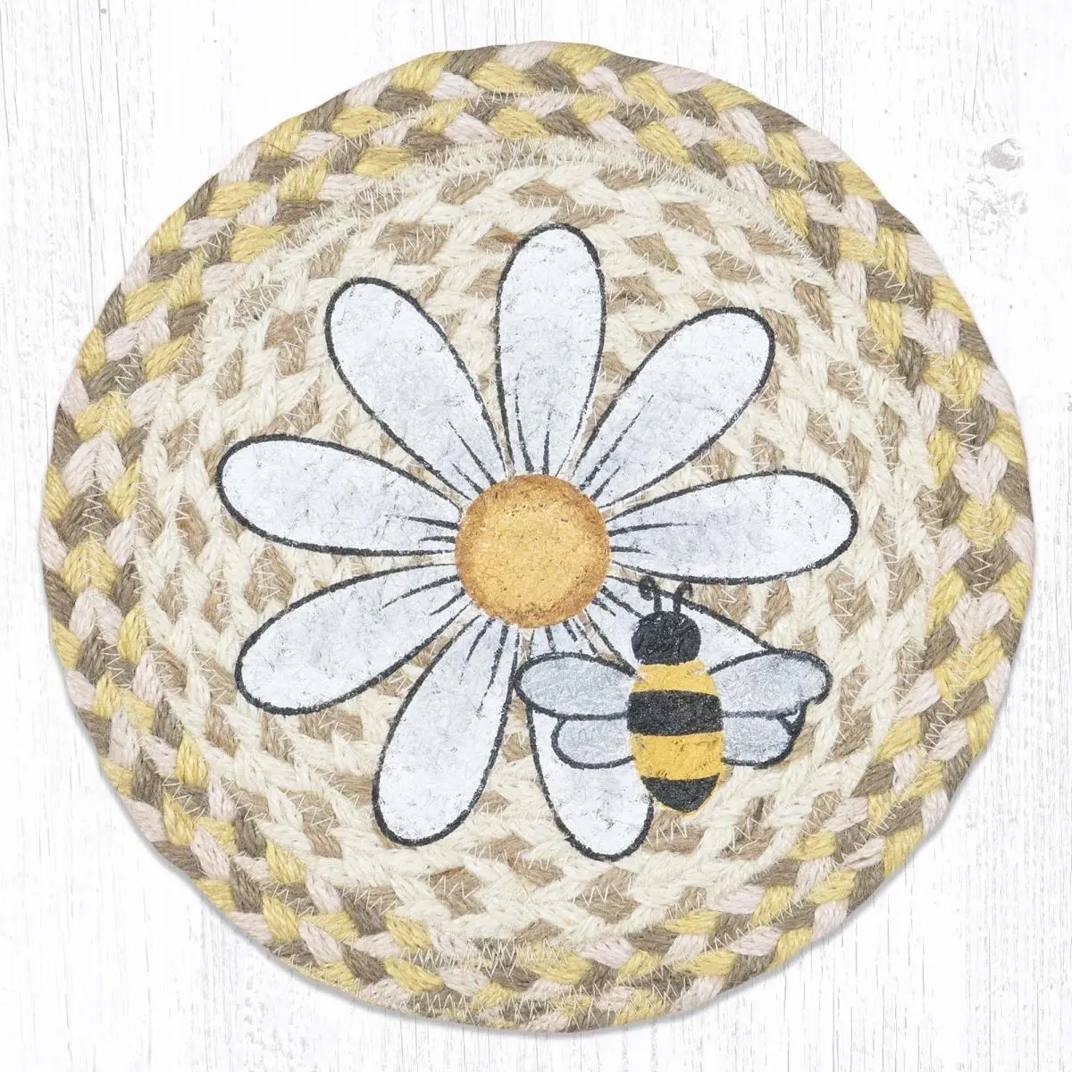 212 MAIN Circular Jute Trivet - 10x10 in Daisy & Bee Printed Rustic Kitchenware, Home Decor for Hot Pans, Teacups