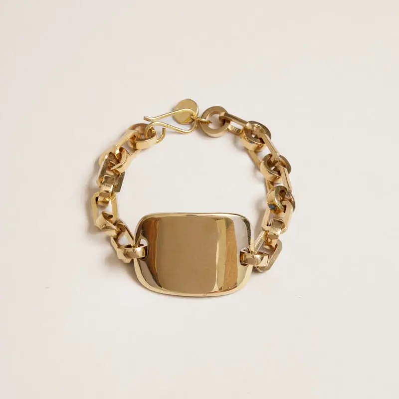 Gold Plated Tag Link Bracelet Fully Adjustable One Size Fits All Clip-on Design for Dramatic Wear Care Instructions Included