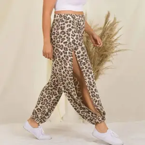 Leopard Print High-Waisted Pants with Side Slits for Women - Comfortable & Stylish Casual Wear